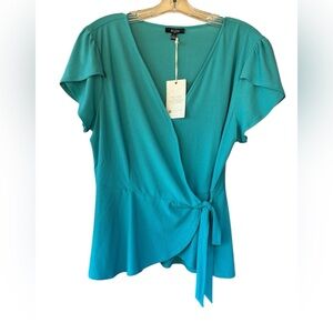 AUW Teal Wrap-Style Short Sleeve Blouse